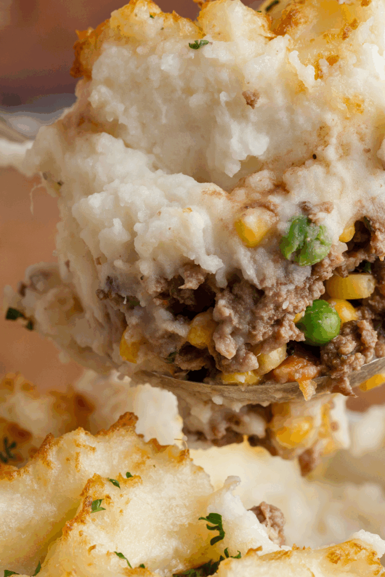 Decadent Cheesecake Factory Shepherd's Pie copycat topped with creamy Parmesan mashed potatoes.