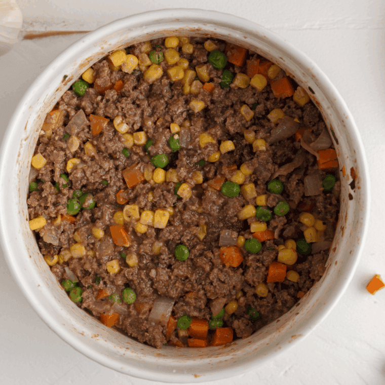 Assembled Cheesecake Factory Shepherd's Pie in baking pan.