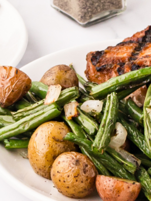 Mission BBQ green beans and bacon copycat recipe in a white serving bowl