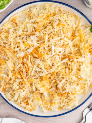 Air fryer shredded hash browns cooked until golden and crispy like diner-style potatoes ready in 18 minutes for easy breakfast