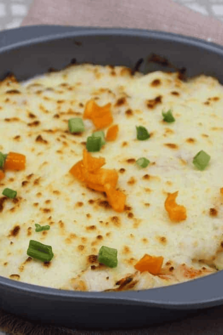 Air Fryer Chinese Buffet Crab Casserole with golden crispy top and creamy crab filling