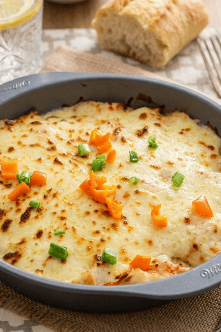 Air Fryer Chinese Buffet Crab Casserole topped with melted golden cheese in a baking dish.