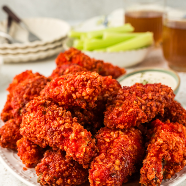 Air Fryer Flamin' Hot Chicken Tenders with a crispy, spicy Flamin' Hot Cheetos coating.