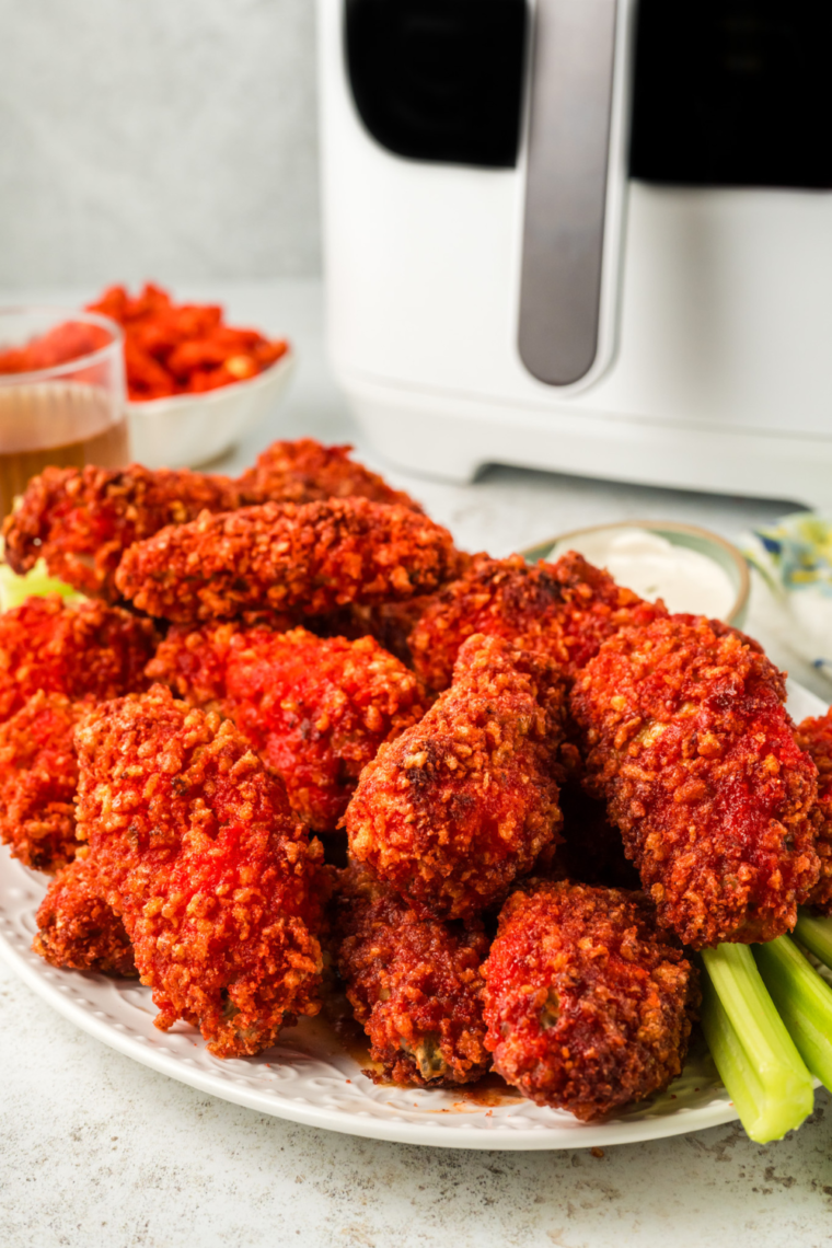 Air Fryer Flamin’ Hot Chicken Tenders with a crispy Flamin' Hot Cheetos crust.