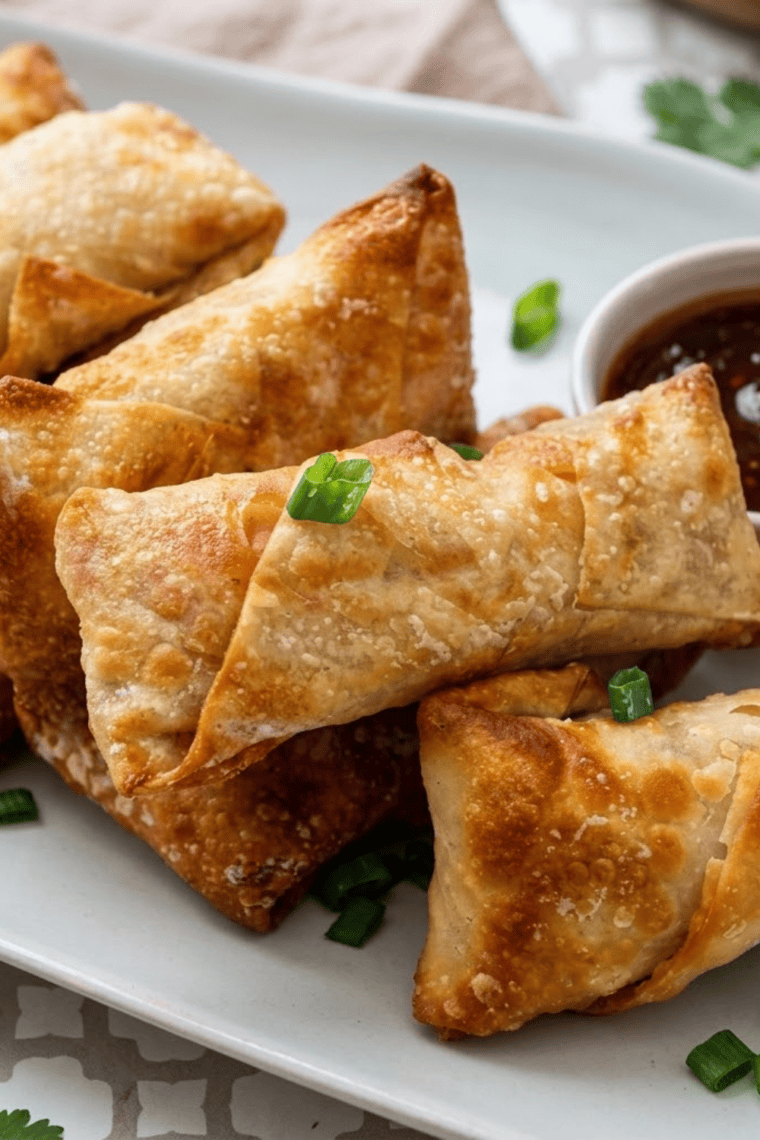 Golden crispy air fryer Pad Thai chicken egg rolls cut open showing savory noodle and chicken filling inside.