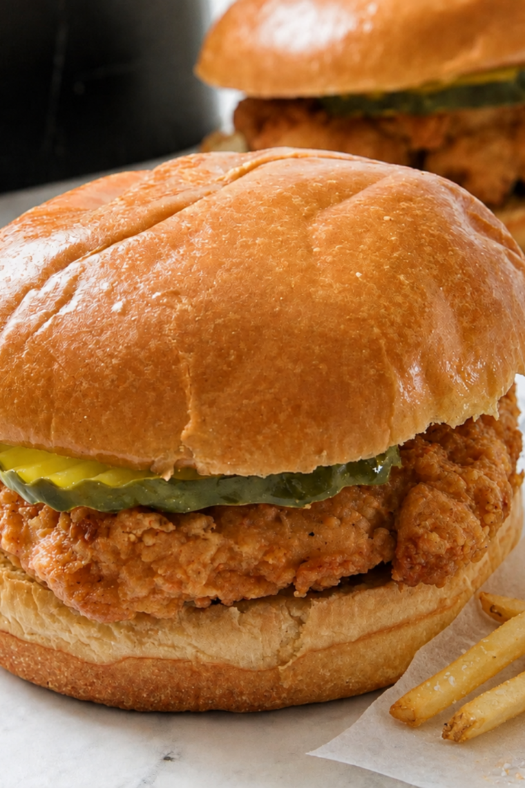 Air fryer Aldi Red Bag Chicken sandwich served with waffle fries and copycat Chick-fil-A sauce