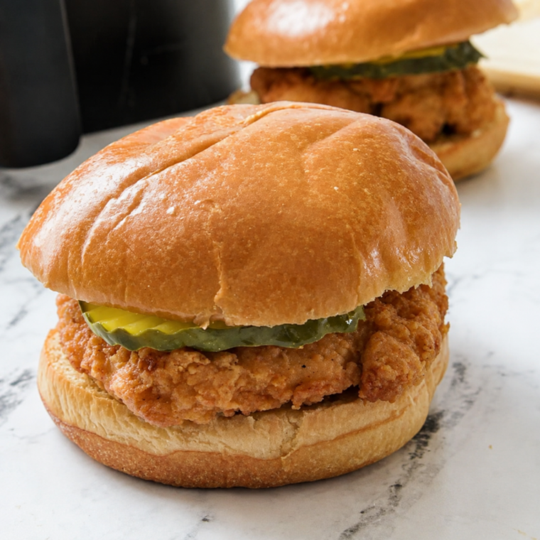Assembled air fryer Aldi Red Bag Chicken sandwich with copycat sauce and dill pickles on a brioche bun