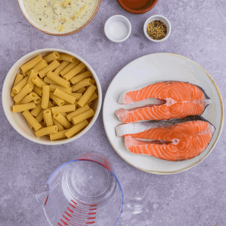 Ingredients needed for Air Fryer Salmon Steak on kitchen table.