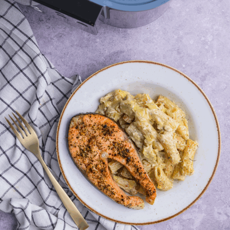 Golden, crispy Air Fryer Salmon Steaks, cooked to perfection with a flavorful crust.