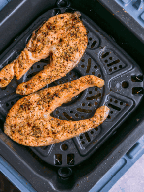Golden, crispy Air Fryer Salmon Steak, cooked to perfection with a crispy skin.