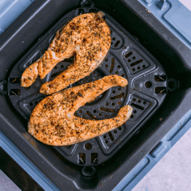 Golden, crispy Air Fryer Salmon Steak, cooked to perfection with a crispy skin.