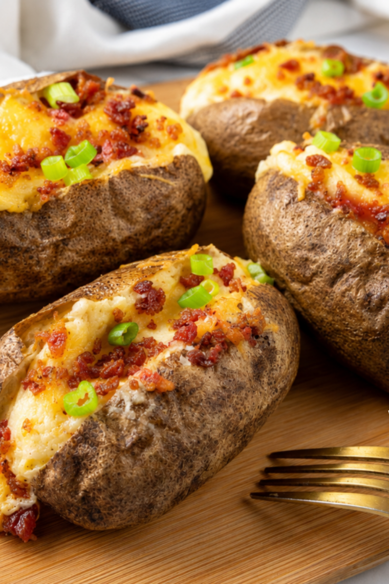 Air fryer twice baked potatoes on a white plate topped with melted cheddar, bacon, and chives