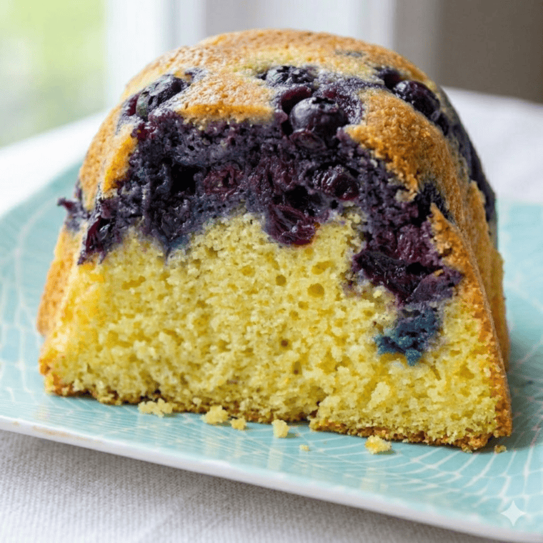 Soft blueberry lemon cornbread baked in a pan with juicy blueberries and fresh lemon zest, served warm for a sweet breakfast or brunch treat.