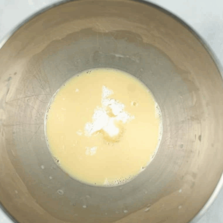Whisking together eggs, milk, vanilla, water, sugar, salt, baking powder, and flour to form the funnel cake batter.