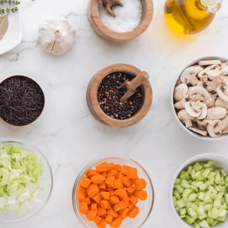 Ingredients needed for Easy Ninja Foodi Shrimp Risotto on kitchen table.