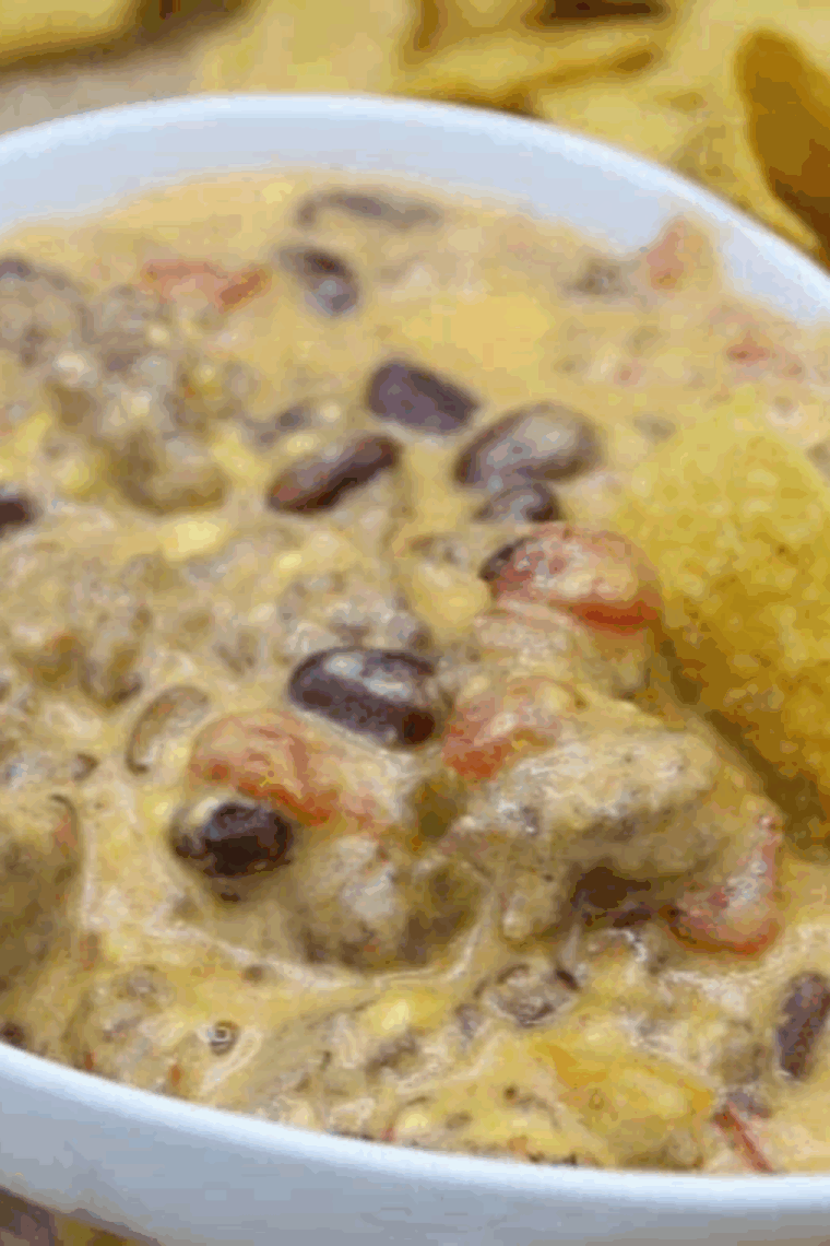 Ninja Foodi Spicy Sausage Queso Dip served hot with tortilla chips