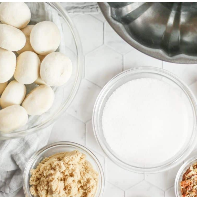 Overhead picture of Pecan Monkey Bread ingredients on table.