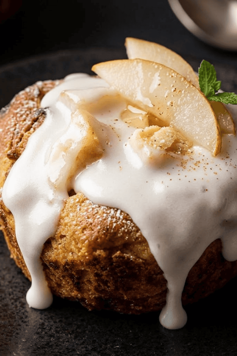 Close-up of finished air fryer apple pie cinnamon roll cups