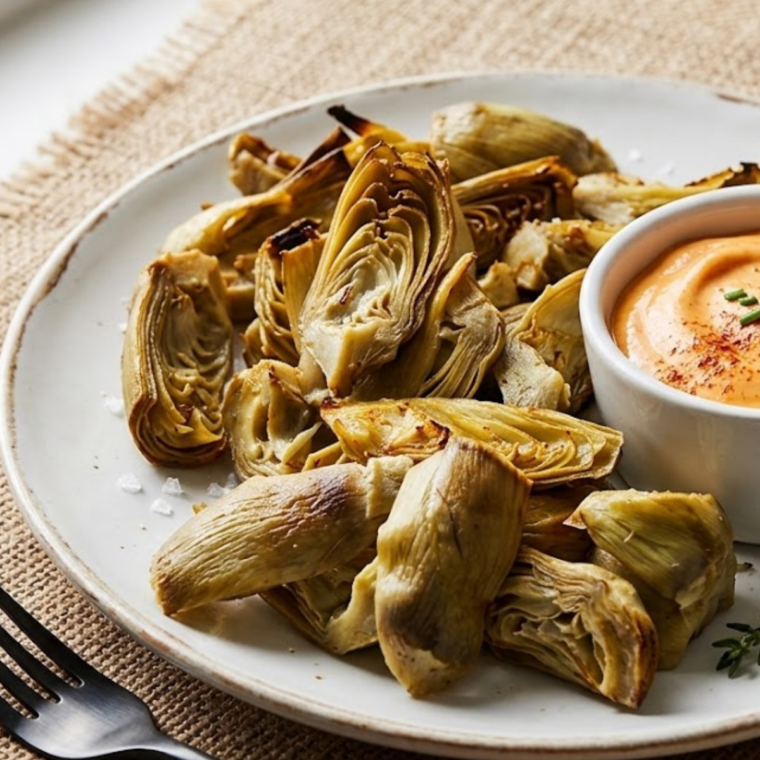 Close-up of crispy air-fried artichoke hearts showing golden edges and tender centers