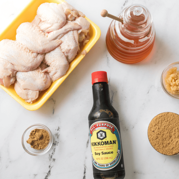 Ingredients Needed For Air Fryer Honey Garlic Chicken Wings  on table.