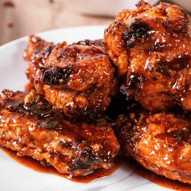 Glazed air fryer Jack Daniel's wings piled up and ready to serve