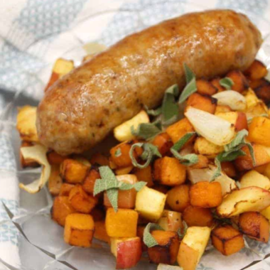 Air Fryer Sausages With Roasted Apples and Butternut Squash