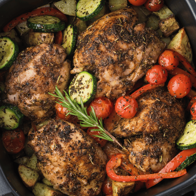 Golden-brown Tuscan chicken thighs cooked in the air fryer, topped with sun-dried tomatoes and fresh herbs.