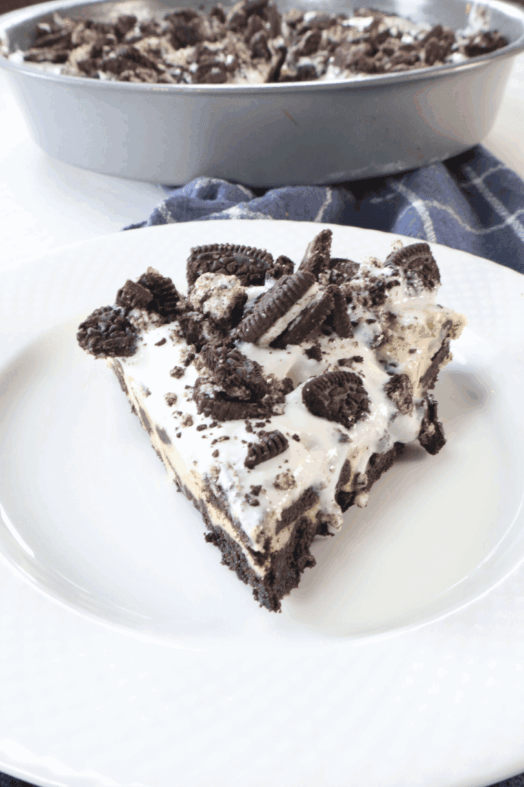 Slice of Copycat Cheesecake Factory Oreo Cheesecake with Oreo crust and creamy cookie-studded filling.