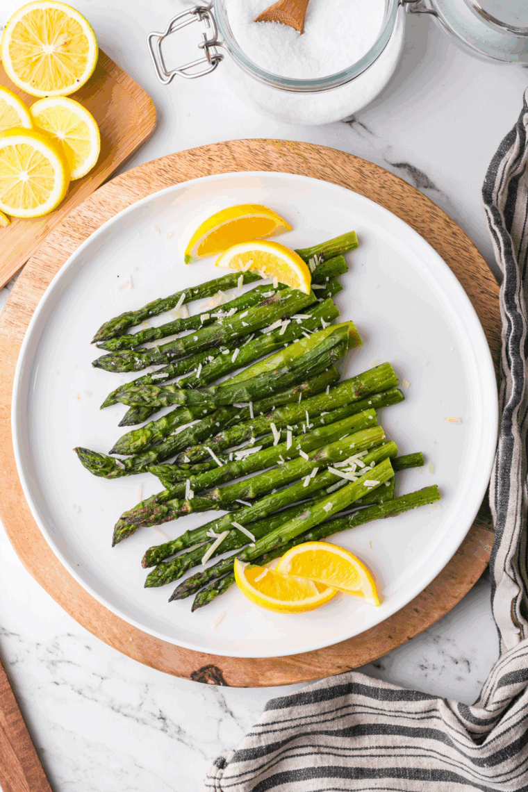 Crispy golden asparagus cooked straight from frozen in an air fryer, seasoned and ready to serve.