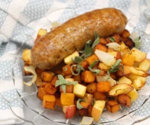 Air Fryer Sausages With Roasted Apples and Butternut Squash