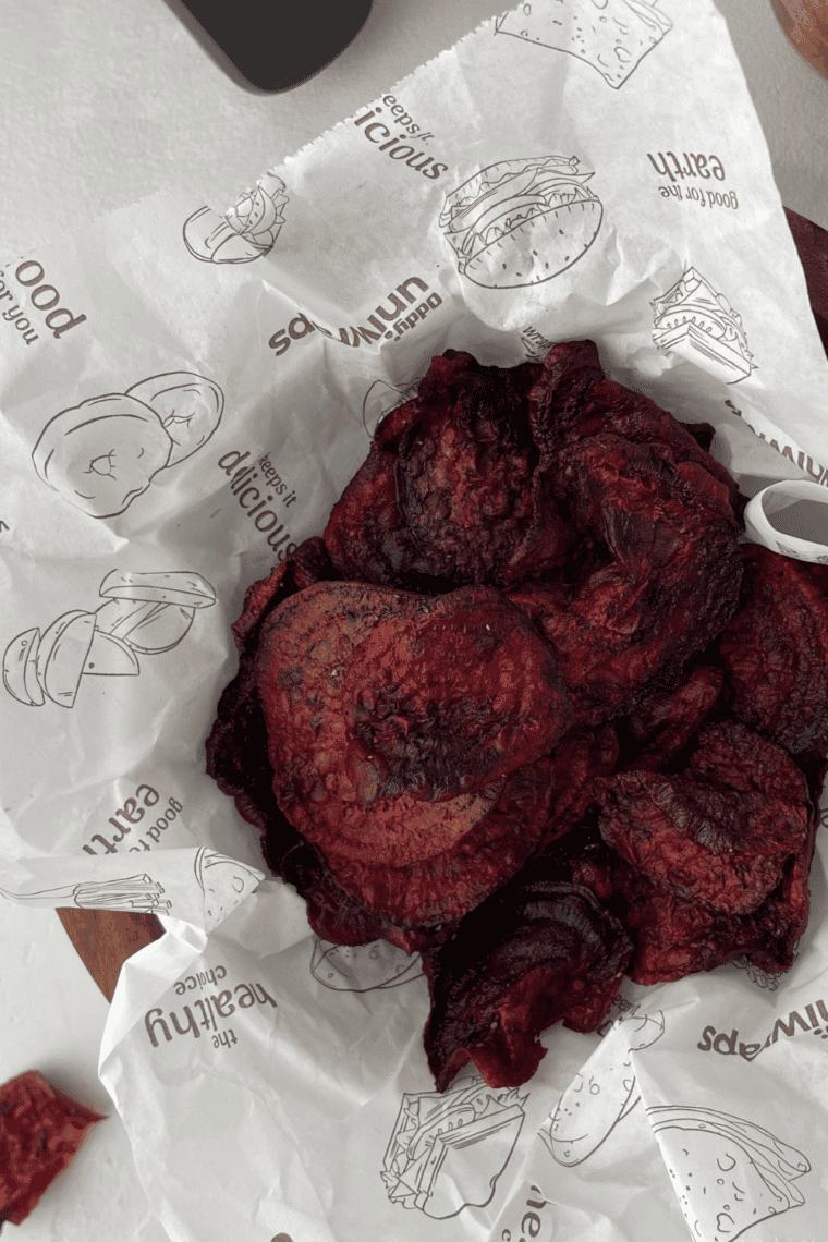 Crispy and golden Air Fryer Beet Chips ready to enjoy.