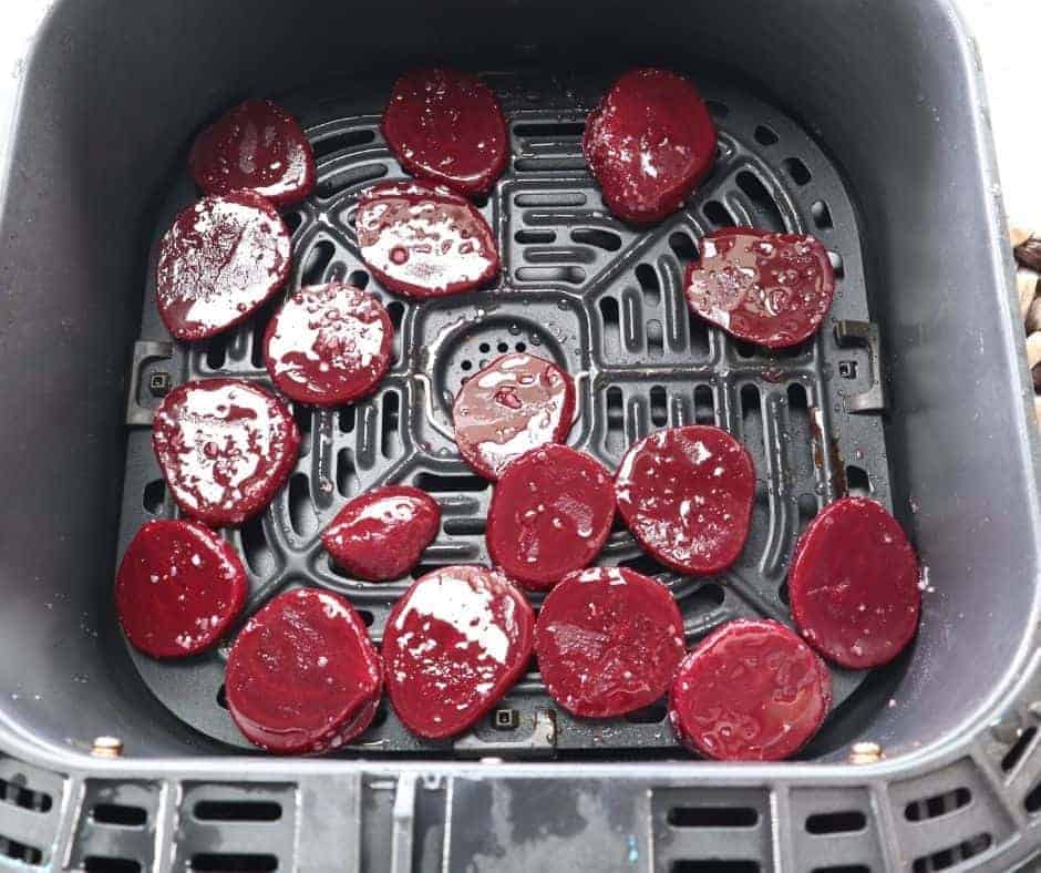 overhead: air fryer beetroot chips in air fryer basket