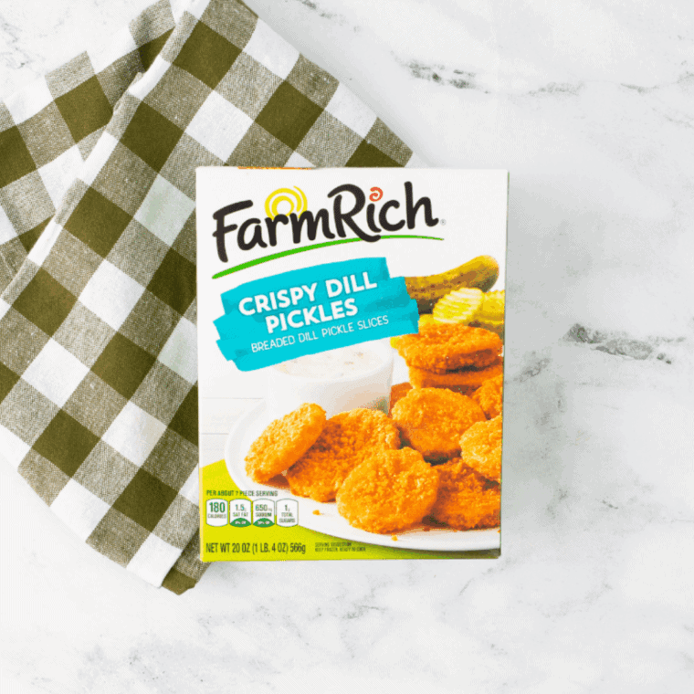 Ingredients needed for Air Fryer Frozen Fried Pickles (Farm Rich) on kitchen table.