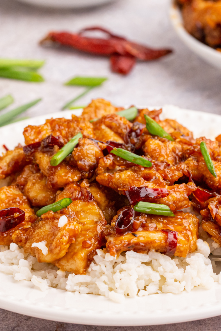 Air fryer Mongolian chicken with crispy chicken slices coated in a sweet and savory homemade sauce, served over rice and garnished with green onions.