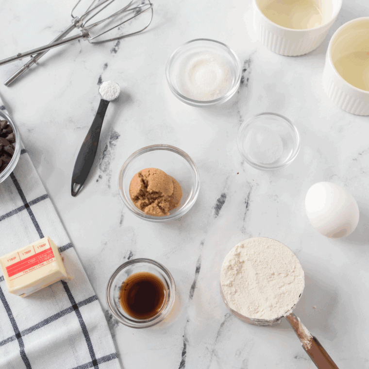 Ingredients needed for Easy Air Fryer Copycat Doubletree Cookies on kitchen table.