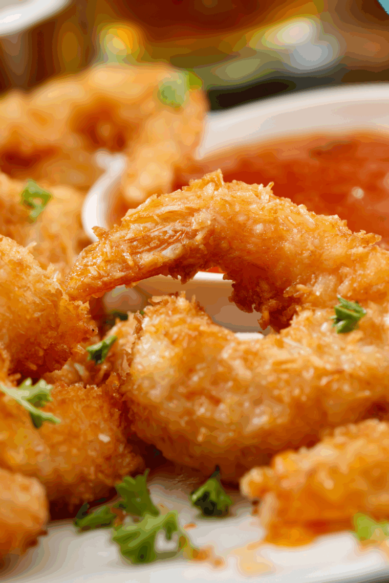 Crispy coconut shrimp coated in shredded coconut and panko, served with a dipping sauce on a platter.