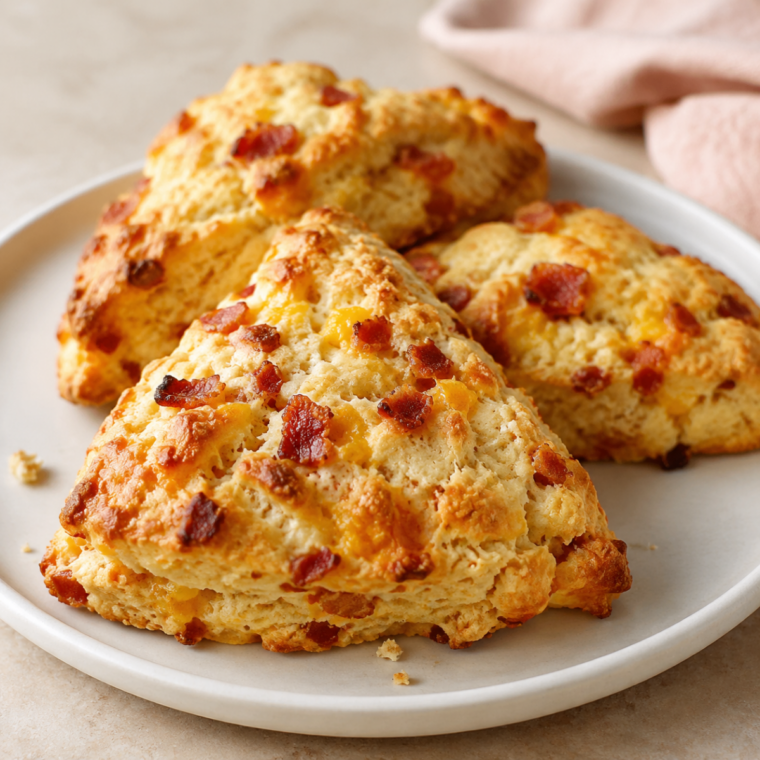 Golden cheddar bacon scones in the air fryer after baking at 320°F