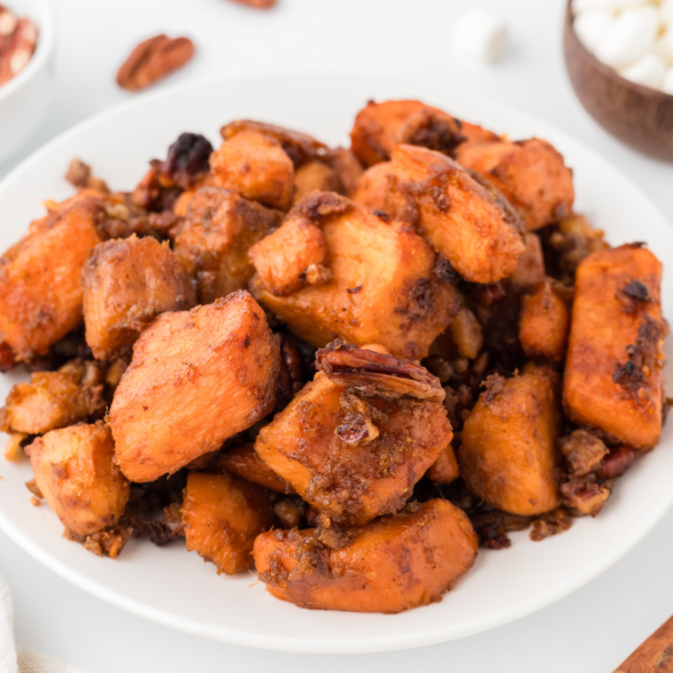 "Quick and easy air fryer canned sweet potatoes with a hint of caramelization."