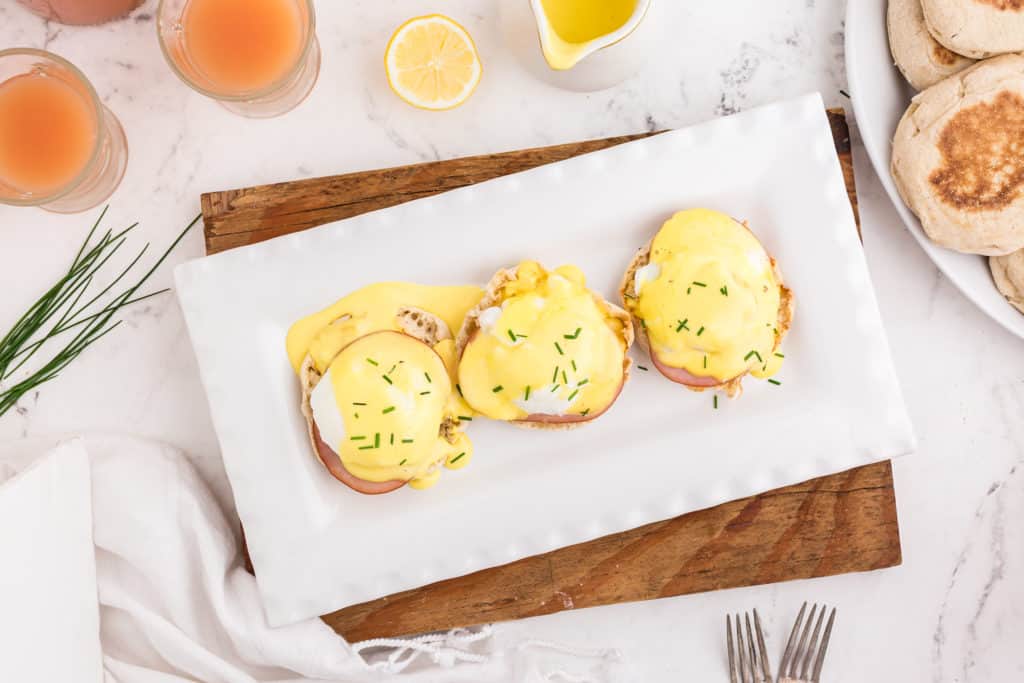 Close up of poached eggs served as eggs benedict