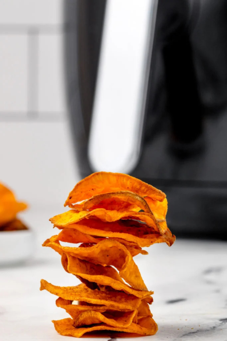 Freshly made air fryer sweet potato chips with sea salt.