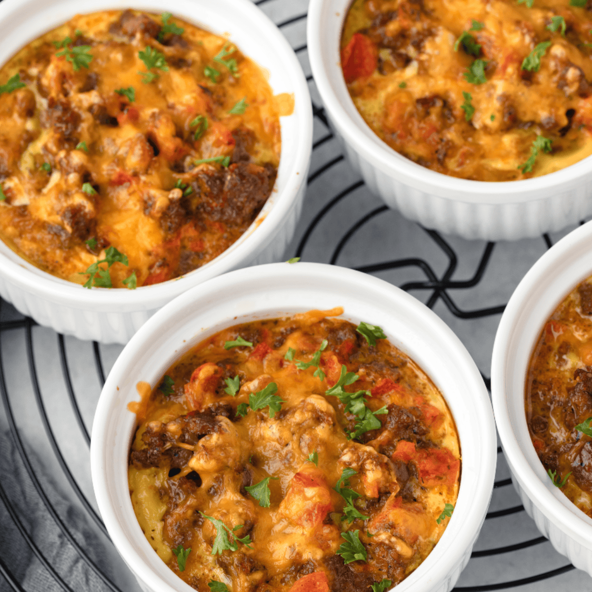 Overhead of air fried breakfast egg casseroles