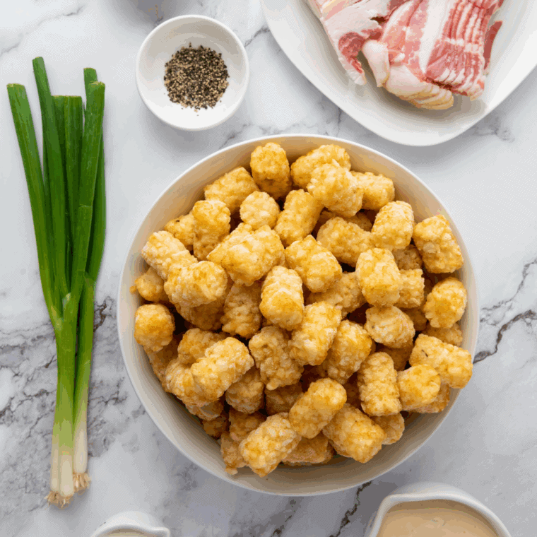 Ingredients needed for Easy Buffalo Wild Wings Tater Tots Recipe on kitchen table.