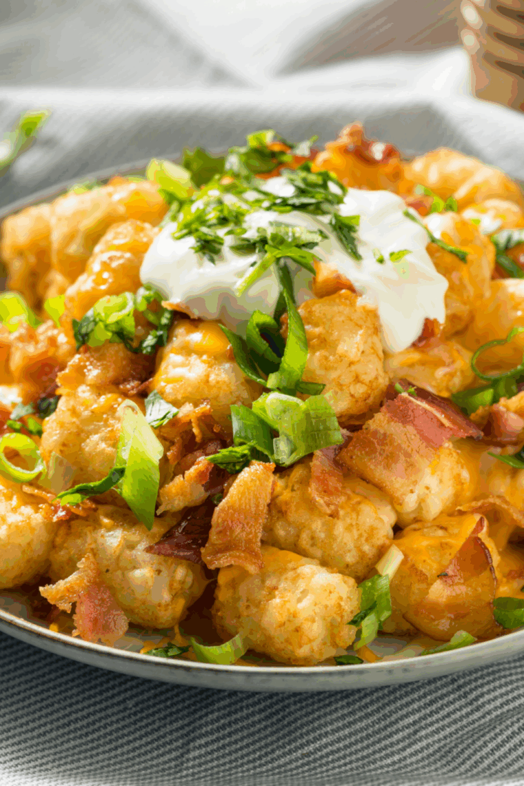 Crispy buffalo-flavored tater tots drizzled with ranch and topped with green onions and blue cheese crumbles.
