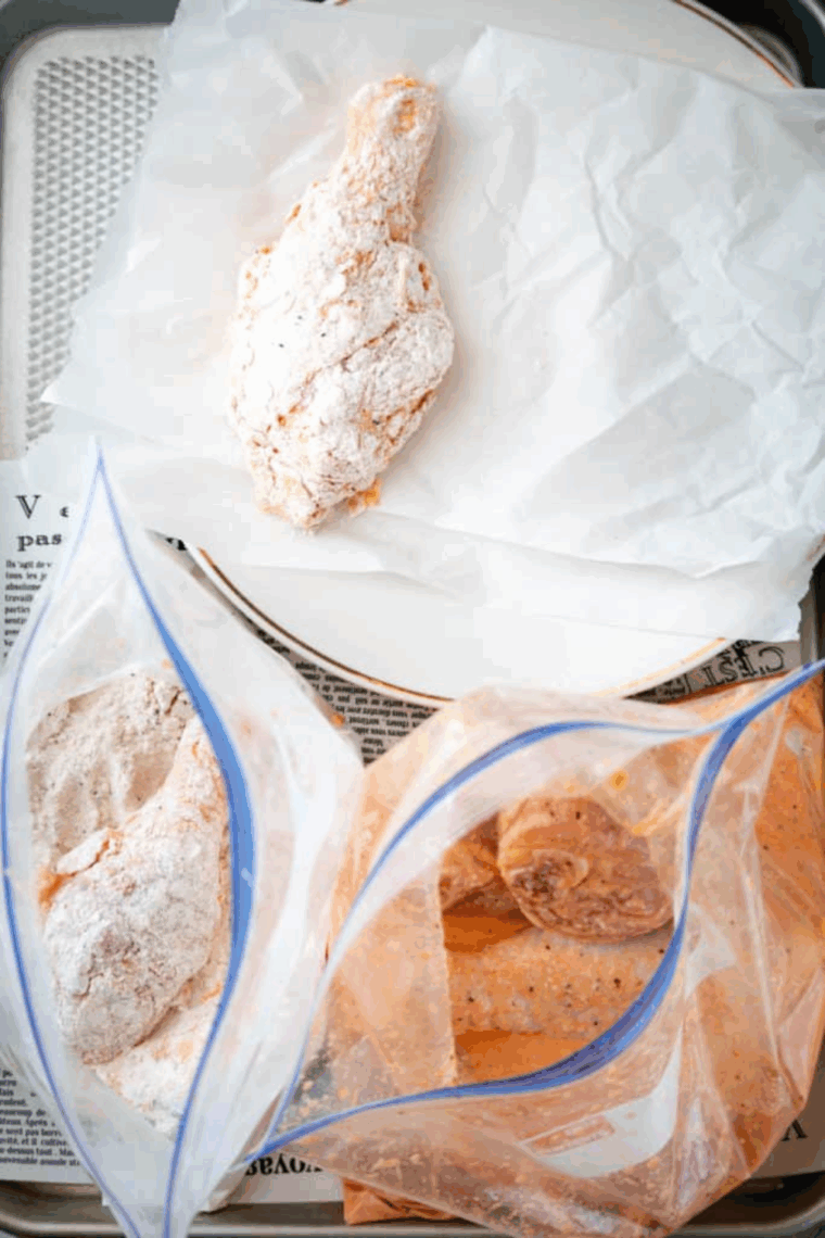 Marinating the chicken, and then coating it.