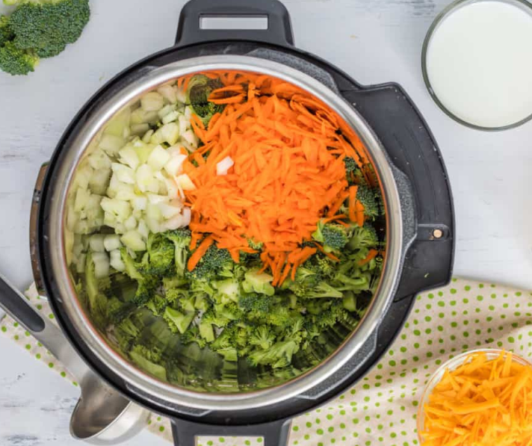 "Step-by-step photo showing ingredients for Jason's Deli Broccoli Cheese Soup, including broccoli, cheese, and seasonings."