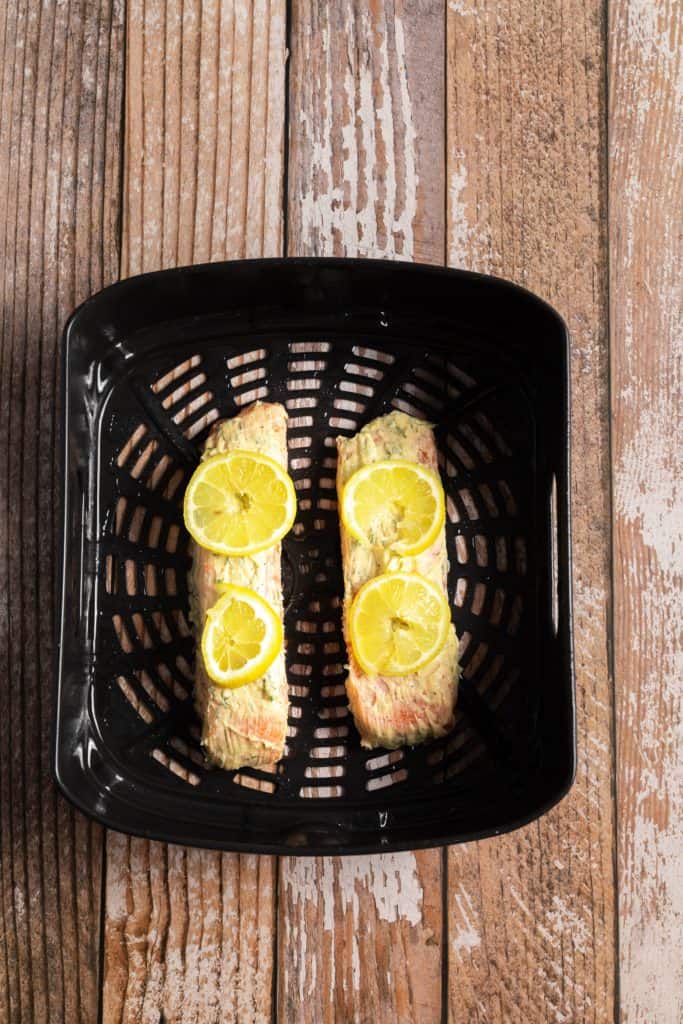 Lemon Dill Air Fryer Salmon In Air Fryer Basket