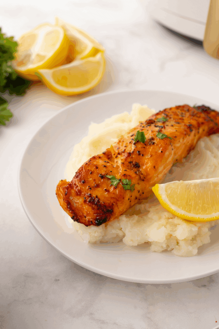 Air fryer brown sugar glazed salmon fillets with caramelized golden-brown glaze