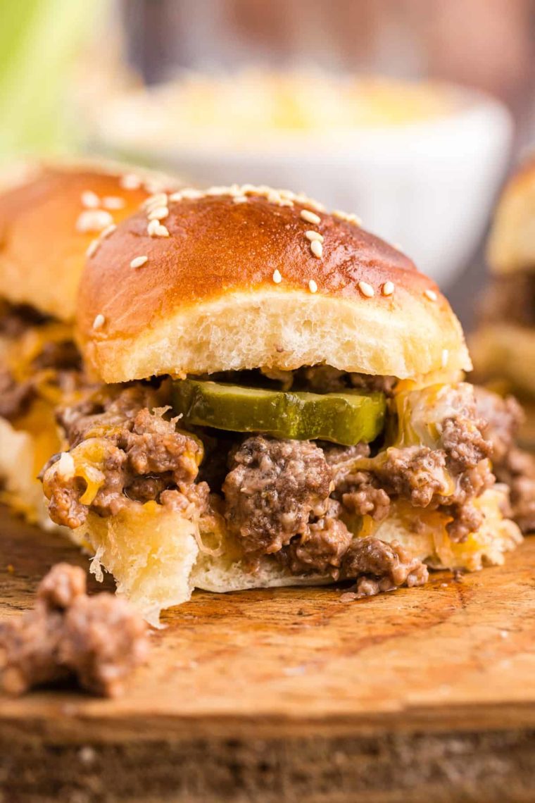 side view closeup: air fryer cheeseburger sliders with ground beef