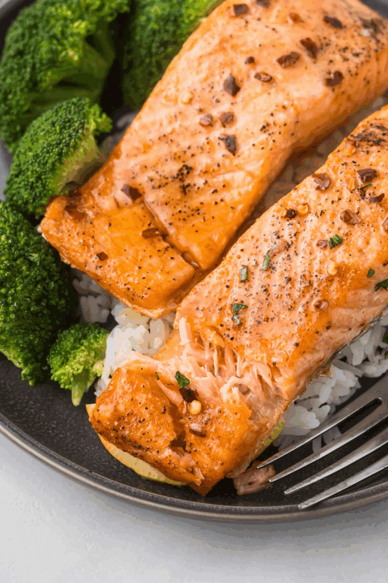 Air fryer maple glazed salmon fillets with caramelized glaze and flaky texture