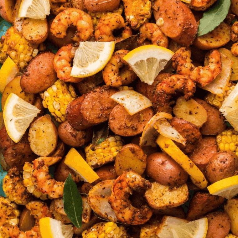 Delicious Air Fryer Seafood Boil with shrimp, crab, potatoes, and corn, all seasoned perfectly and ready to serve.